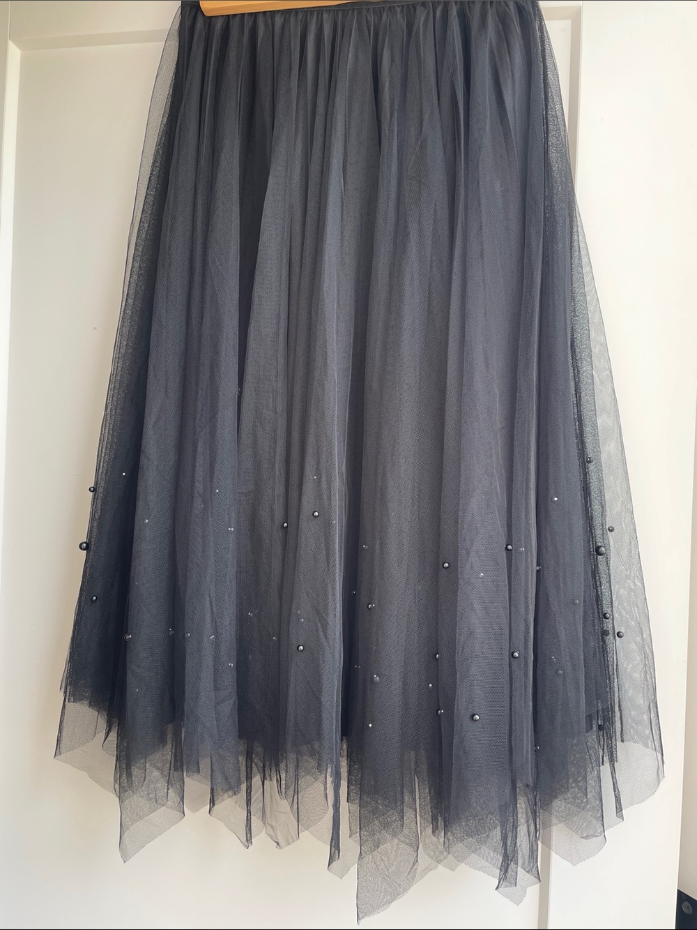Lovepoem by Block Black Tulle Midi Skirt with Pearl Embellishments